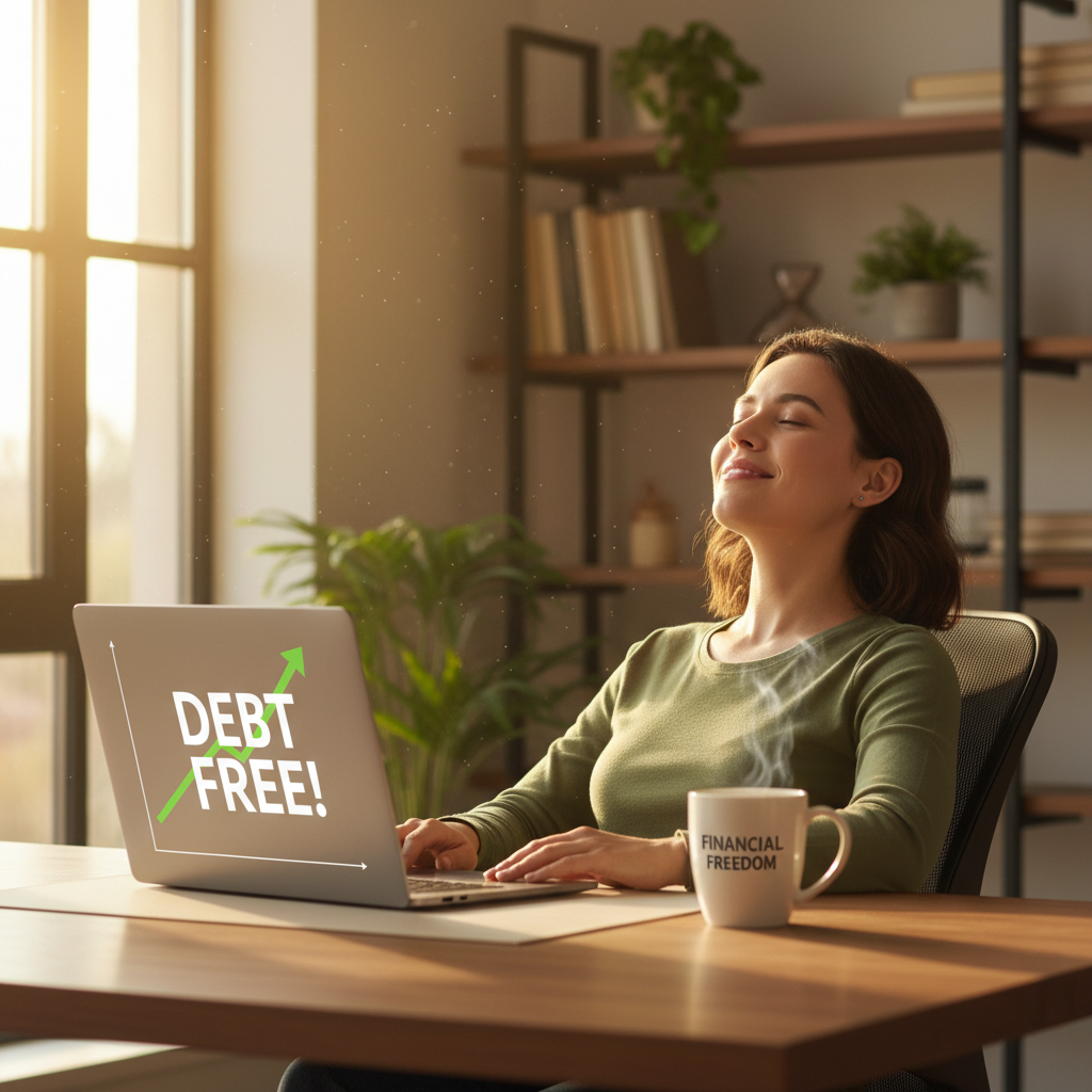 A person looking relieved, sitting at a desk with an open laptop showing a simplified financial chart, a cup of coffee nearby, sunlight streaming in. The mood is calm and hopeful, illustrating financial relief.