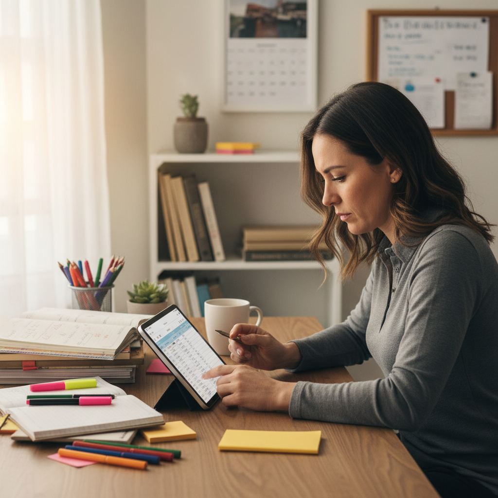 A person diligently tracking their budget on a tablet, surrounded by notebooks and pens, with a focused and determined expression. The background shows a neat home office setting, conveying financial responsibility.