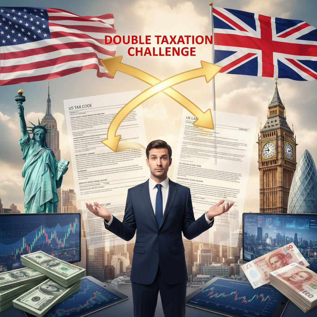 A photorealistic conceptual image depicting two distinct financial systems, one representing the US with its flag and iconic landmarks like the Statue of Liberty, and the other representing the UK with its flag and Big Ben, with arrows showing money flowing between them and overlapping tax forms, illustrating the challenge of double taxation for an individual standing in the middle, looking a bit perplexed but determined. The overall tone is slightly complex but solvable.