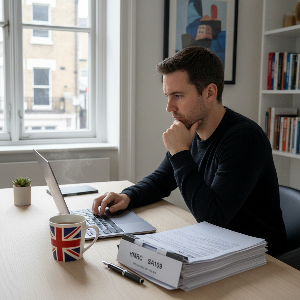 A photorealistic image of a US expat in the UK, sitting at a modern desk with a laptop and a stack of financial documents, perhaps a UK tax form and a US tax form. They are looking thoughtfully at the screen, with a cup of tea nearby, suggesting the act of managing complex financial affairs. The background is a clean, contemporary home office setting, perhaps with a subtle nod to British decor.