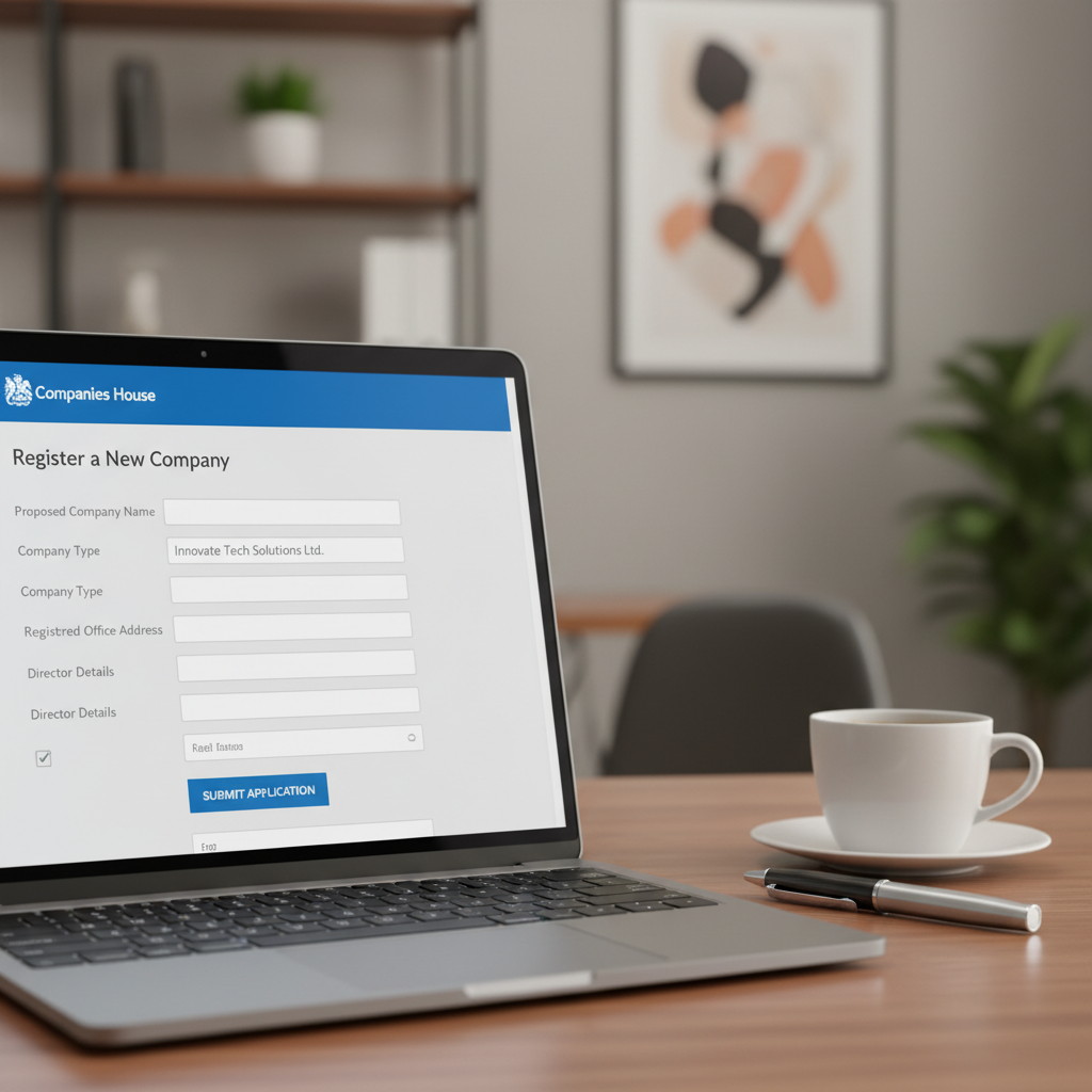 A vibrant, close-up shot of a modern laptop screen displaying the Companies House website with a digital form for company registration, surrounded by a stylish, blurred office background with a pen and coffee cup. The focus is on the screen, showing crisp text and input fields.