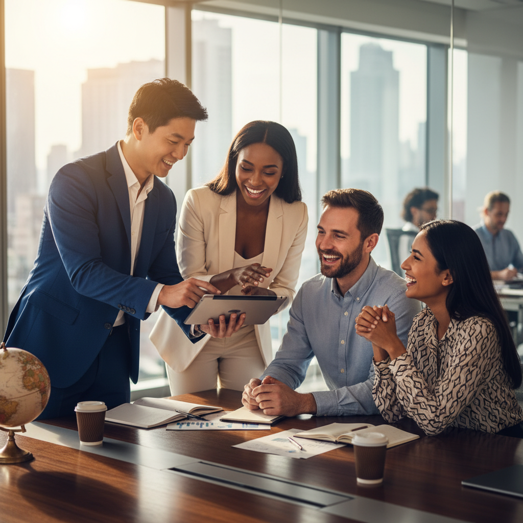 A diverse group of four smiling business professionals, two men and two women of various ethnicities, are enthusiastically collaborating around a large, sleek conference table in a modern, sunlit office. They are looking at a tablet and discussing business ideas, exuding an atmosphere of teamwork and global entrepreneurship.