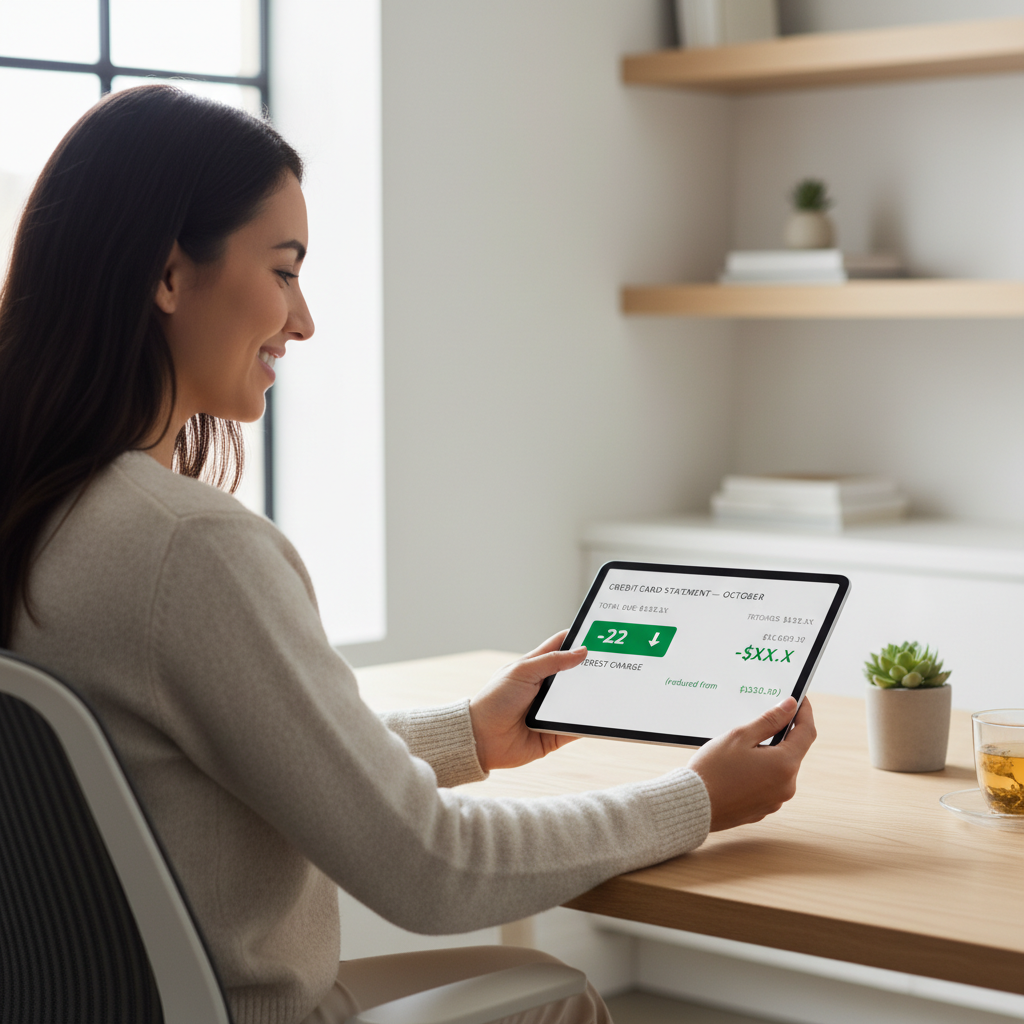 A person happily reviewing their credit card statement, showing a significantly reduced interest charge, with a peaceful and serene expression. The setting is bright and clean, perhaps in a modern home office.