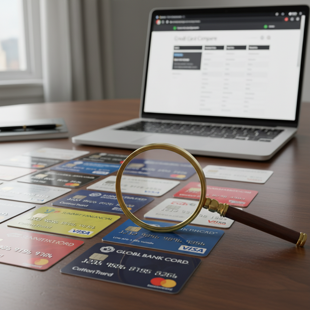 A diverse array of credit cards from different banks laid out neatly on a table, with a magnifying glass hovering over one card to highlight its low APR. A laptop in the background displays a credit card comparison website.