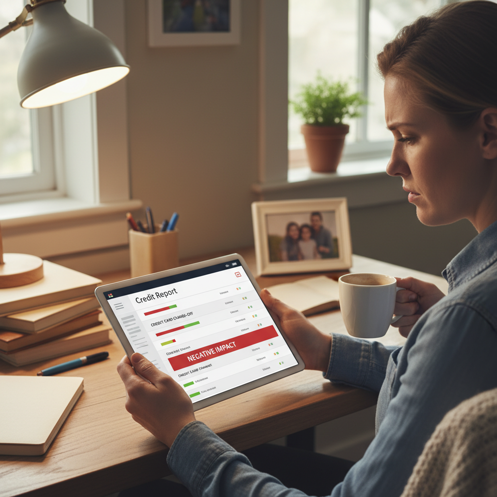 A person with a concerned expression looking at a credit report displayed on a tablet, showing red negative indicators for a credit card charge-off. The setting is a cozy home office, with soft, natural lighting, emphasizing a feeling of personal challenge.