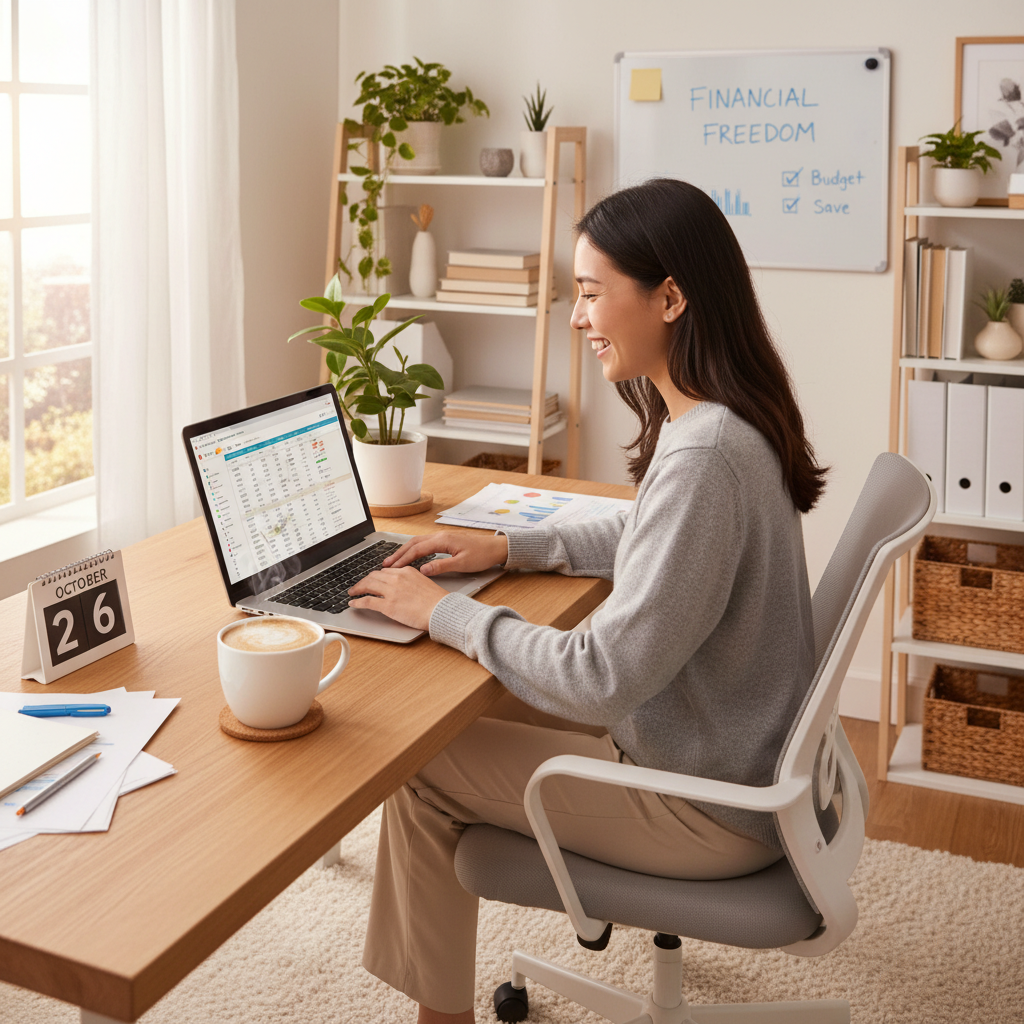 A person happily organizing their finances on a laptop with a cup of coffee, surrounded by a neatly arranged home office, conveying a sense of calm and financial control. Photorealistic.