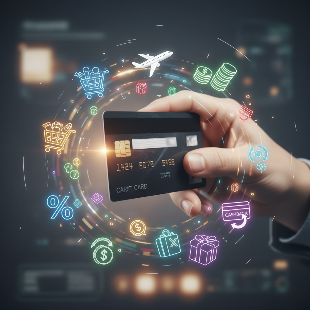 A hand holding a credit card, surrounded by a vibrant collage of small rewards icons like a shopping cart, a plane, a gift box, and cashback symbols, illustrating the concept of maximizing credit card benefits. Photorealistic.