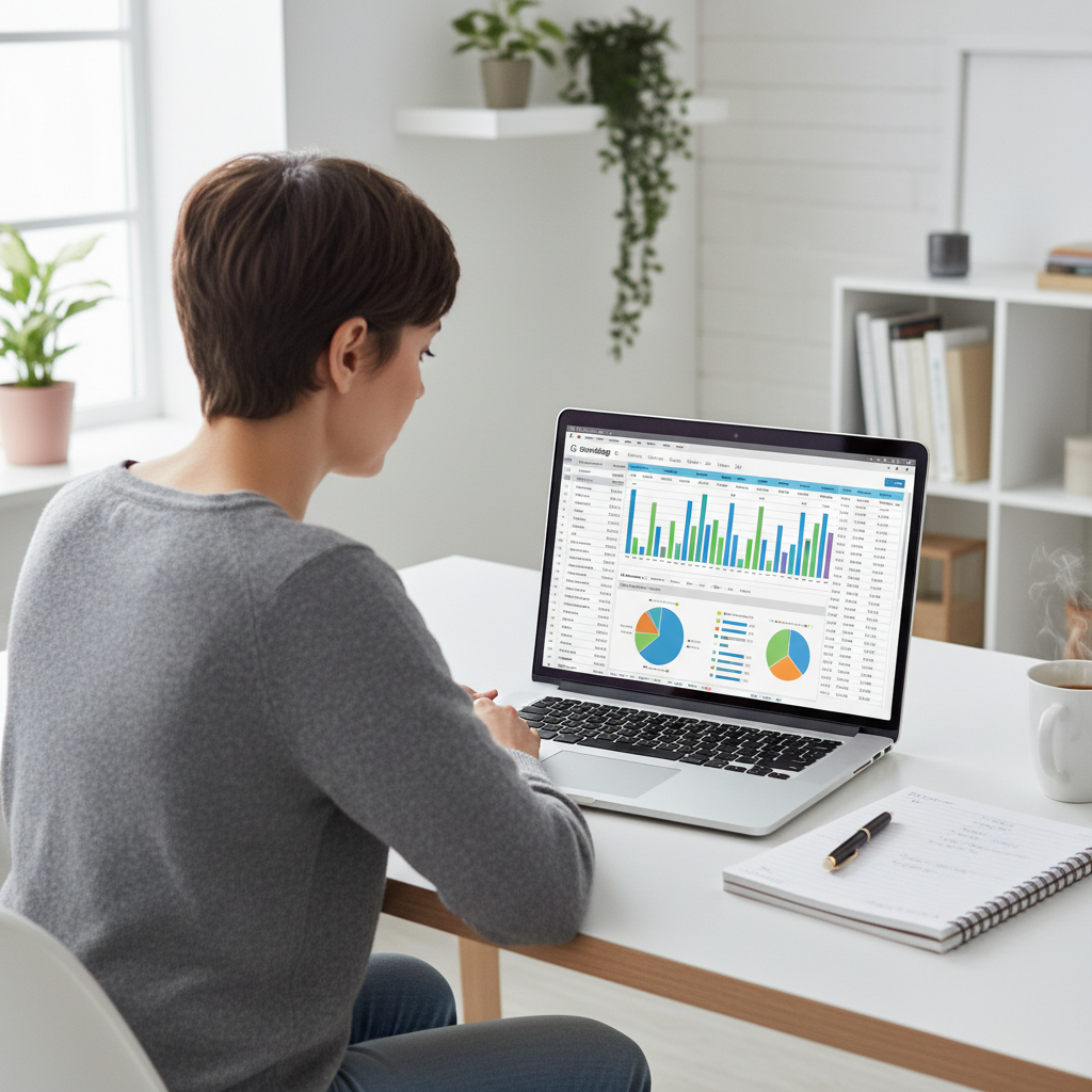 A person sitting at a modern desk, focused on a laptop screen displaying a colorful budgeting spreadsheet. There's a pen and a notebook nearby, suggesting careful financial planning. The room is well-lit and tidy, conveying a sense of organization.