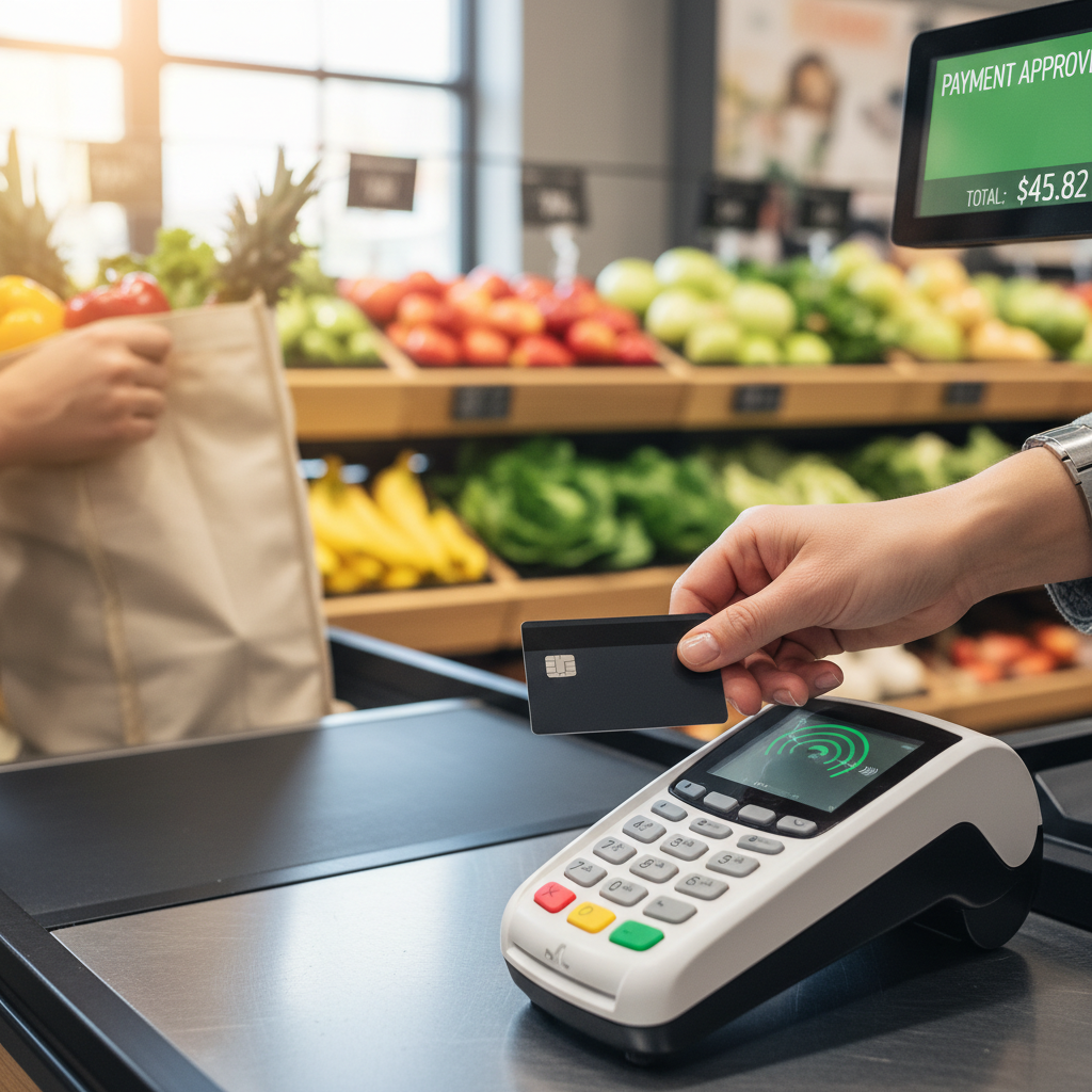 A hand holding a credit card making a contactless payment at a modern grocery store checkout. The background shows blurred shelves of fresh produce, and the transaction is swift and efficient. The overall feeling is one of ease and everyday convenience.