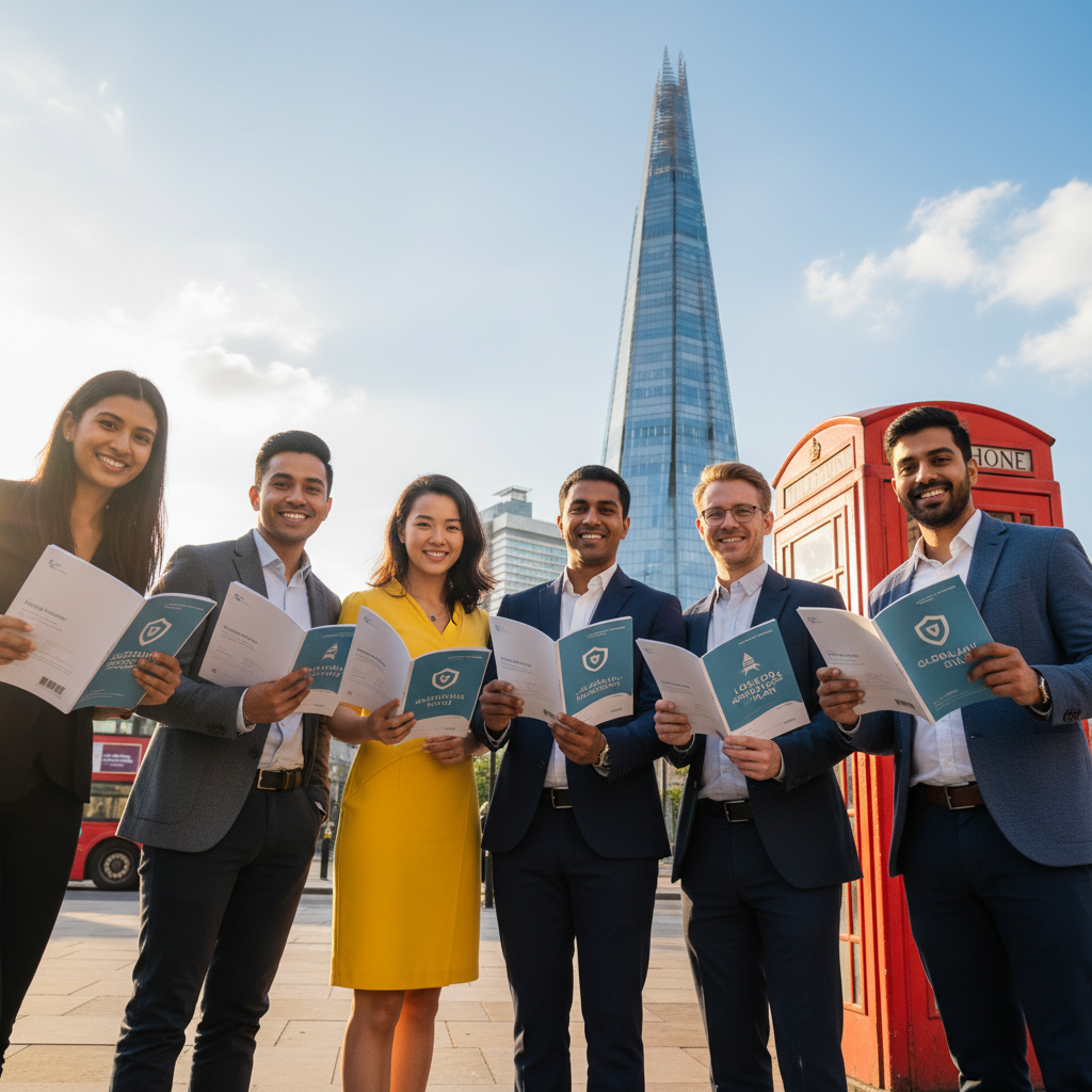 A diverse group of smiling expats from various backgrounds confidently holding health insurance brochures, standing in front of iconic London landmarks like the Shard and a red telephone box. The scene is bright and optimistic, highlighting security and peace of mind.