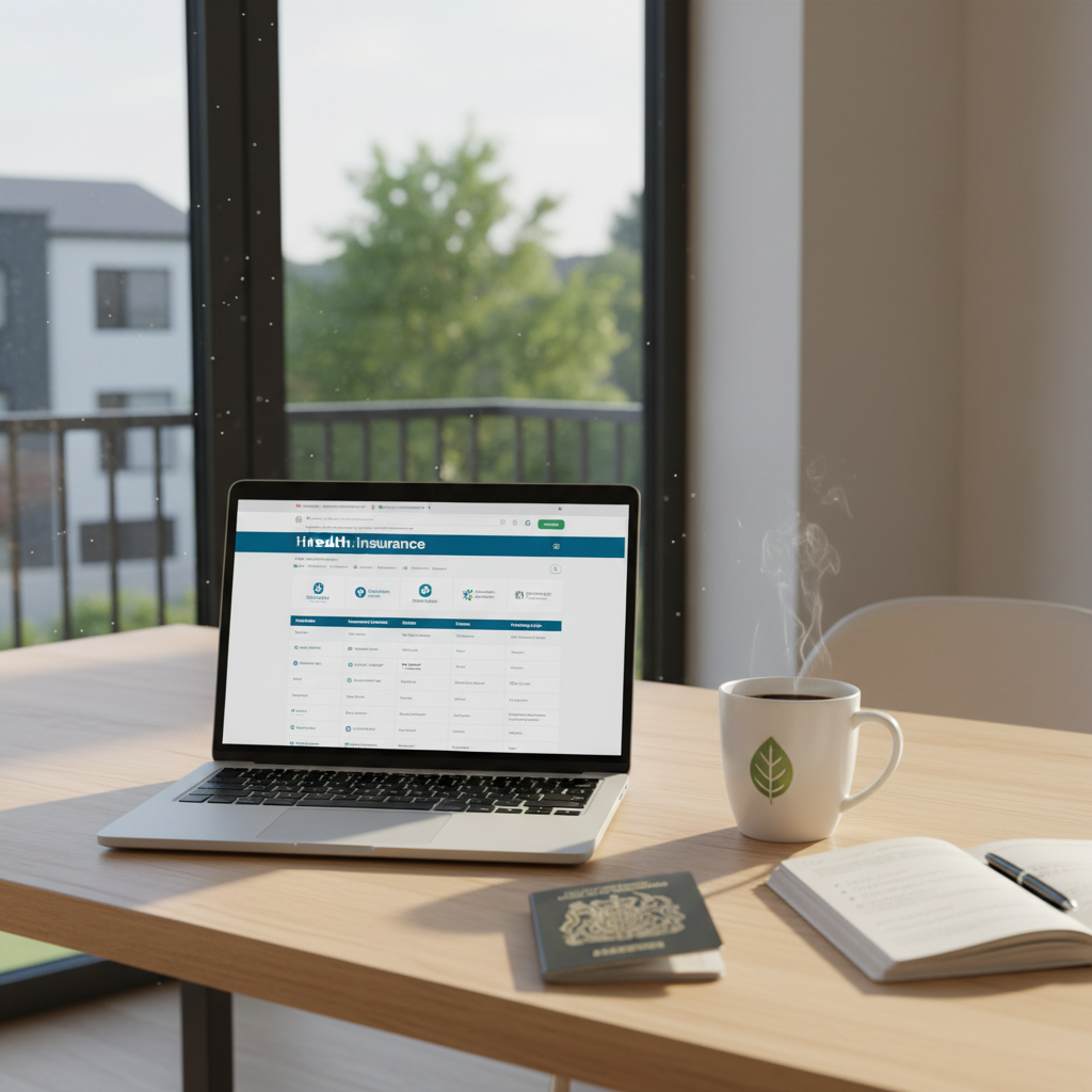 A neatly organized desk with a laptop displaying a health insurance comparison website, a cup of coffee, and a UK passport. Sunlight streams through a window in a modern home office setting, conveying meticulous research and informed decision-making.