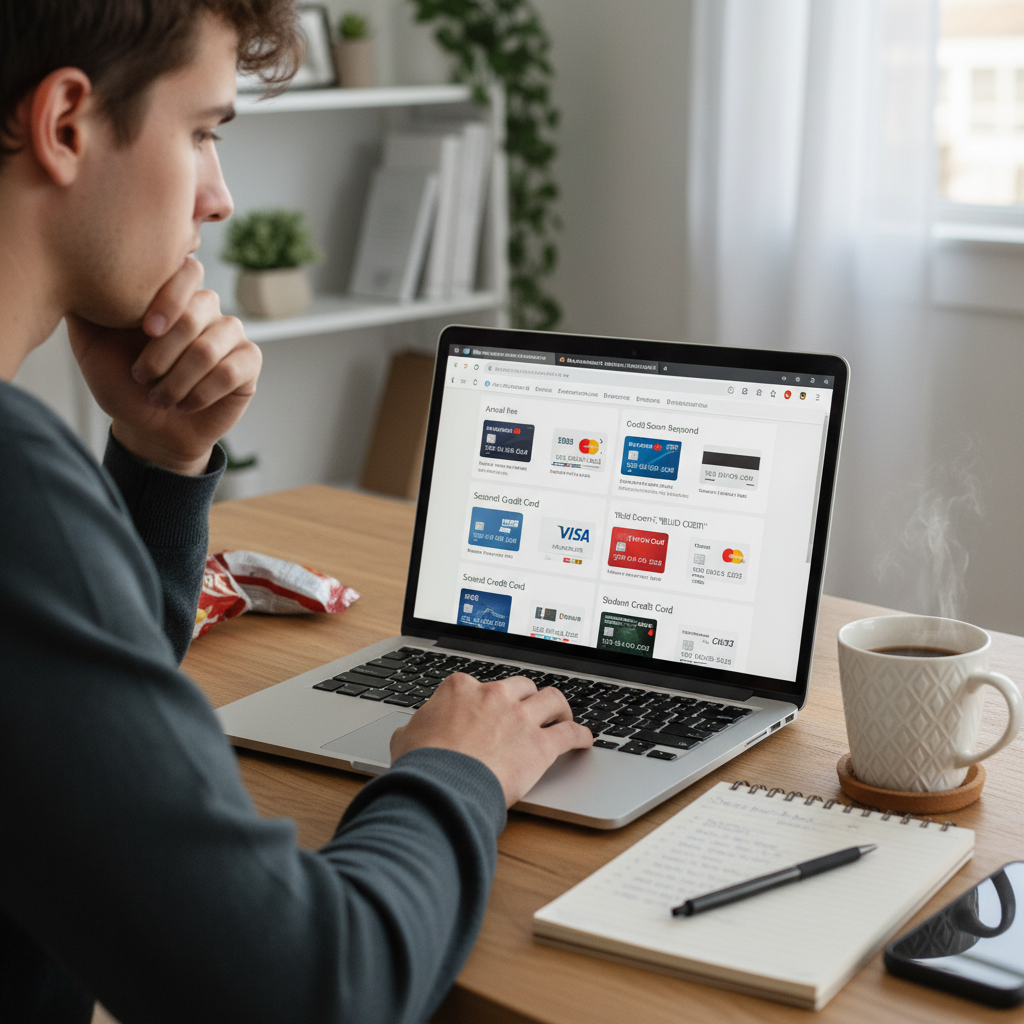 A person sitting at a desk, looking thoughtfully at a laptop screen displaying various credit card offers and comparison charts, with a cup of coffee nearby, representing the initial research phase of choosing credit cards to build credit.