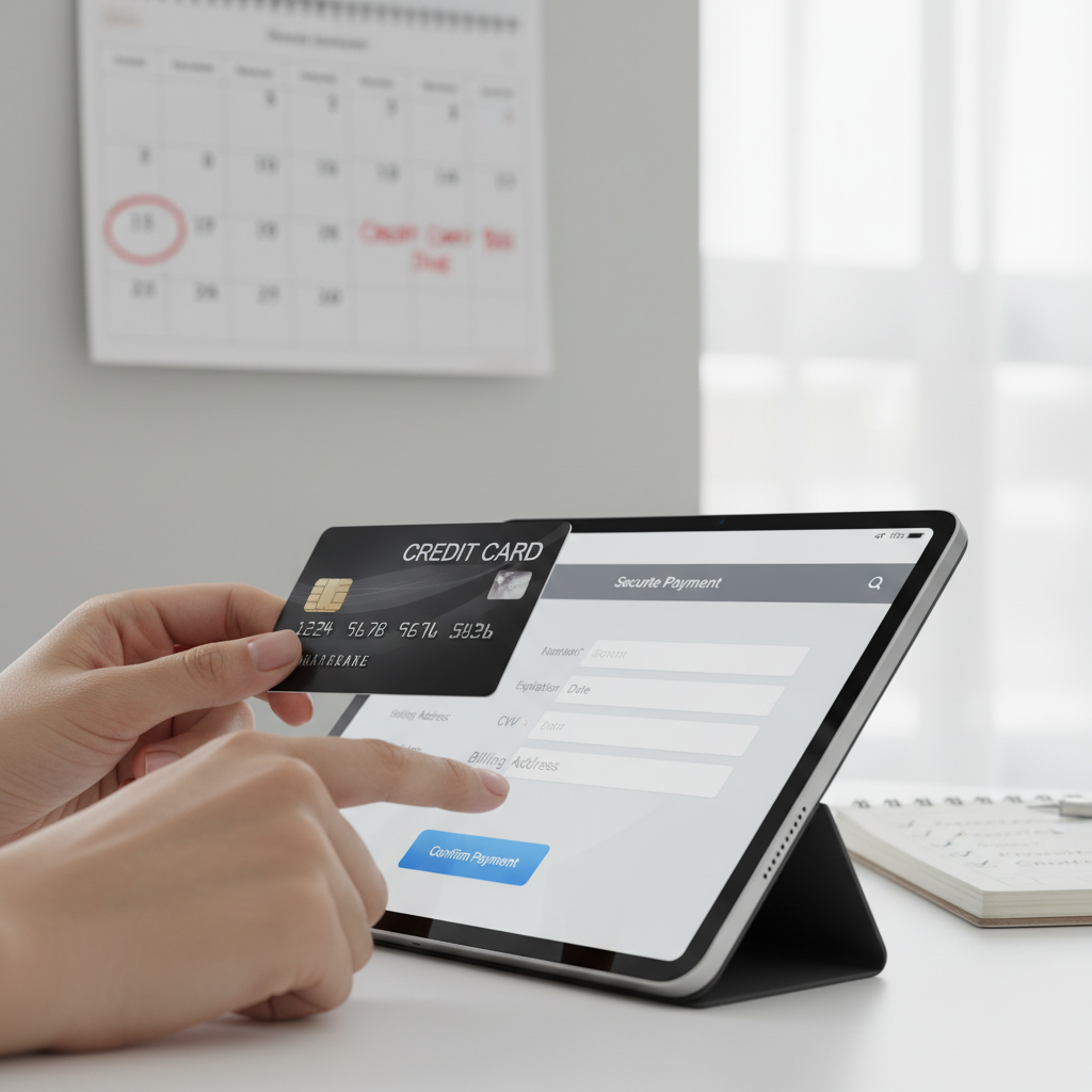 A close-up shot of a hand holding a credit card, carefully making an online payment on a tablet, with a calendar in the background highlighting due dates, emphasizing responsible credit card management and timely payments.