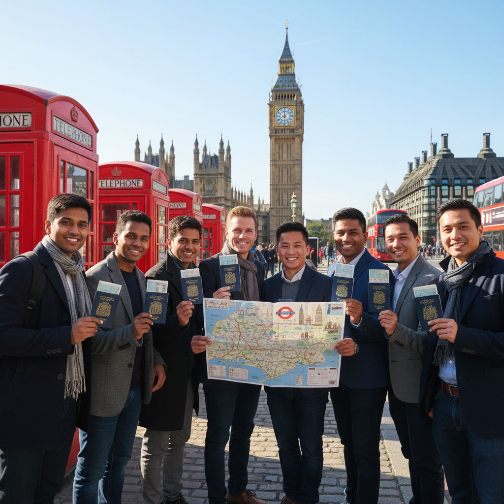 A diverse group of smiling expats from various countries, looking relaxed and confident while holding UK passports and a map of London. The background shows iconic London landmarks like Big Ben and red telephone booths. The image is brightly lit and optimistic, reflecting successful navigation of a new country's system.
