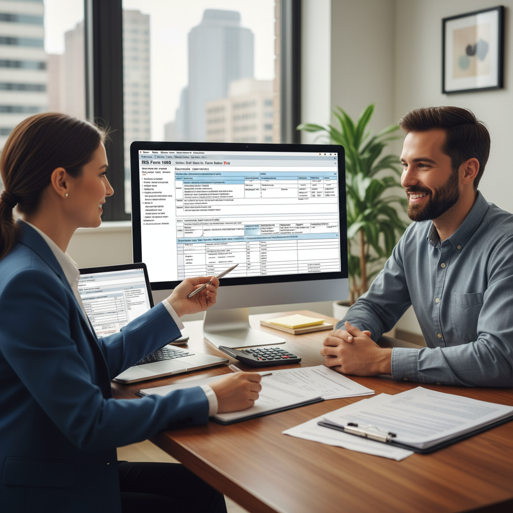 A professional, friendly accountant is explaining tax documents to a smiling expat in a modern, well-lit office. They are seated at a desk with a laptop displaying tax forms, and a calculator is visible. The expat is nodding in understanding, and the overall mood is one of clarity and helpful guidance.