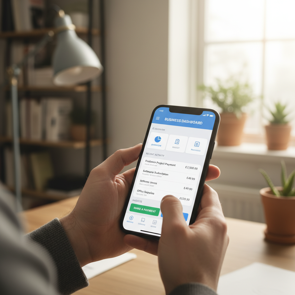 A close-up, highly detailed shot of a person's hands holding a smartphone, with a modern digital banking app interface for a UK business account visible on the screen. The background is slightly blurred but suggests a cozy home office setup, with natural light. The focus is on the ease of use of the app. Photorealistic and inviting.