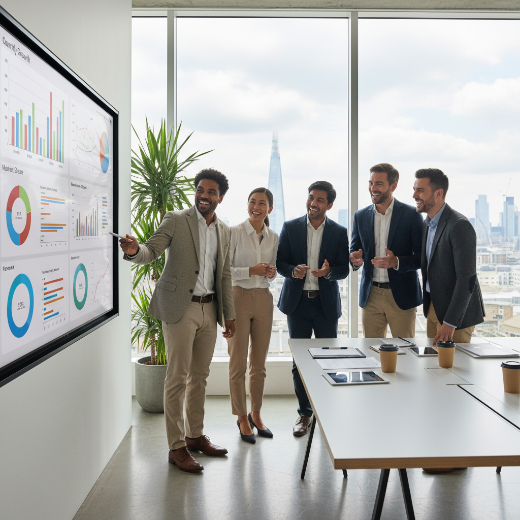 A detailed, photorealistic image of a diverse group of professionals in a modern, bright office setting, collaborating around a large screen displaying business analytics, with London's skyline faintly visible through a window in the background. They are smiling and engaged in discussion.