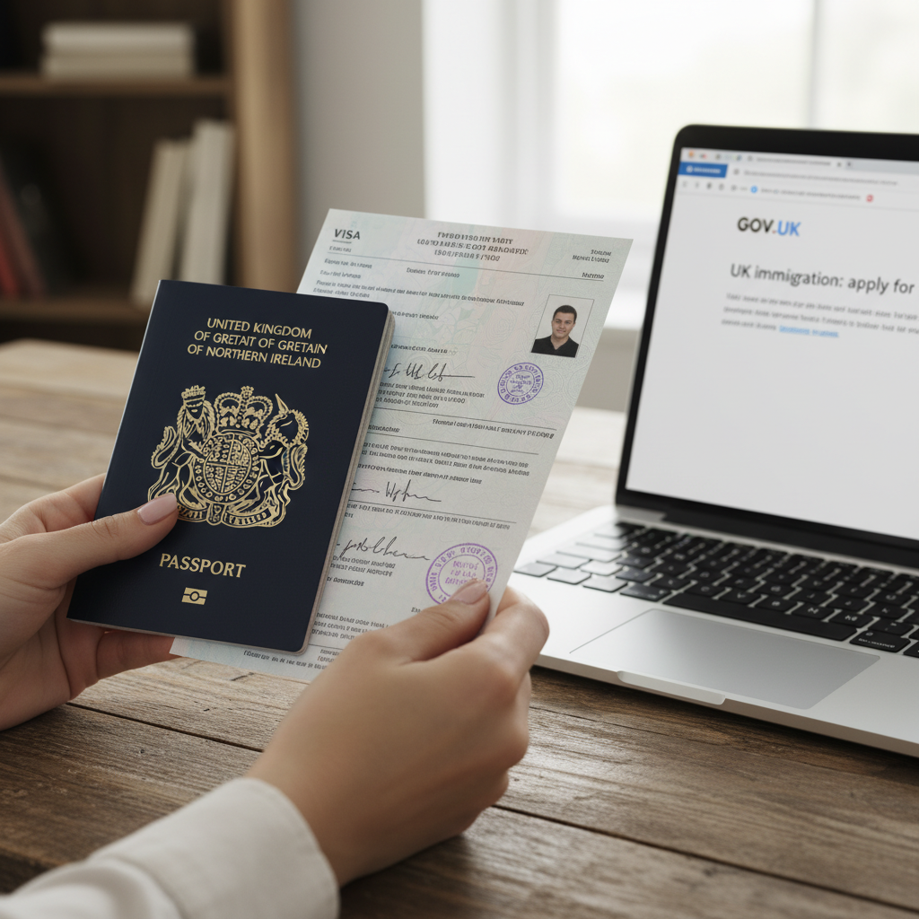 A close-up, photorealistic image of a person's hands holding a British passport and an official-looking visa document, placed on a wooden desk next to a laptop displaying the UK government's immigration website. The background is slightly blurred.
