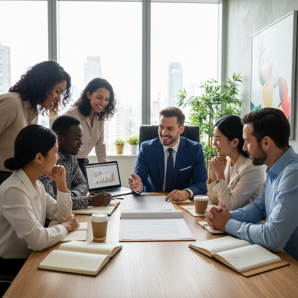 A diverse group of people, representing various nationalities, happily reviewing mortgage documents with a friendly financial advisor in a modern, bright office. The advisor is pointing to a section on a document, and the expat couple is nodding in understanding. Photorealistic, professional setting.