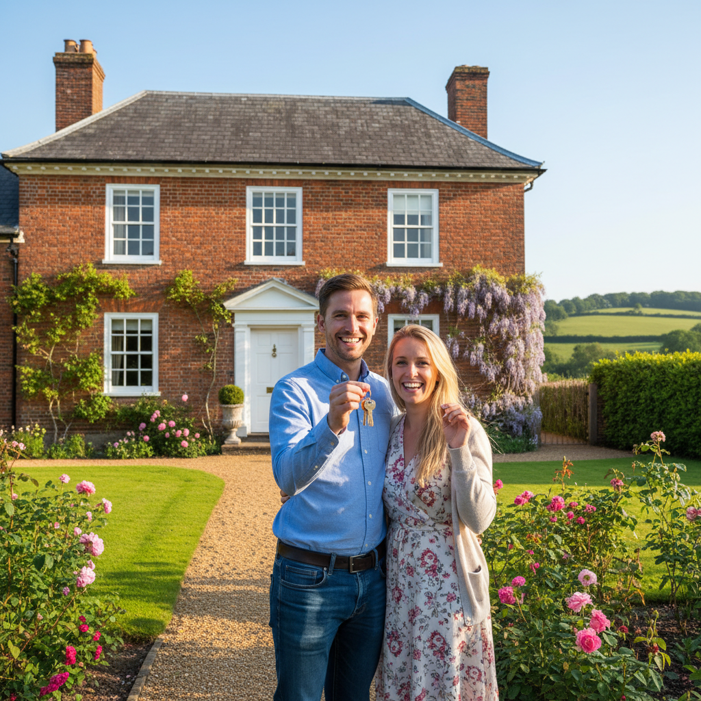 A joyful expat couple standing in front of a beautiful, classic red-brick house in the UK, holding keys and smiling. The house has a well-maintained garden, and the sky is clear. Photorealistic, heartwarming scene.