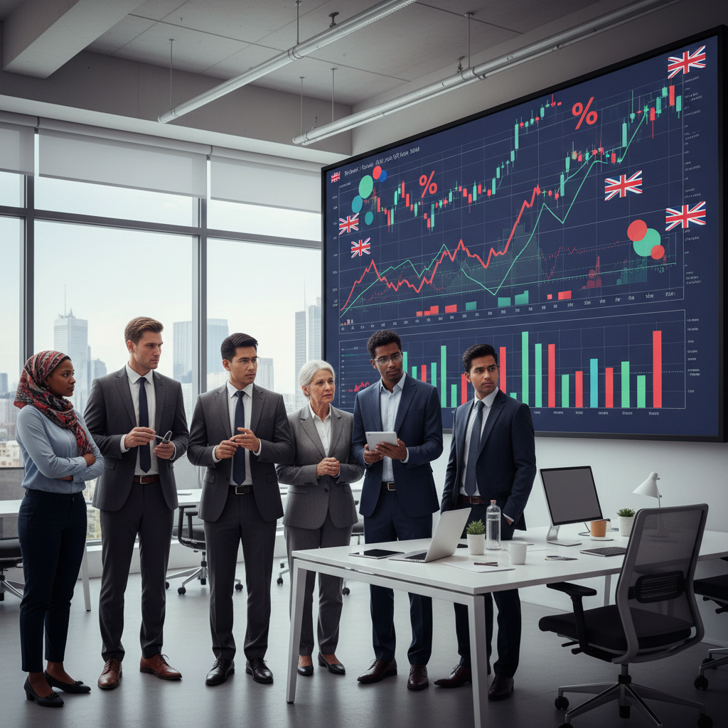 A diverse group of people from different countries looking at a large, complex financial chart with UK flags and tax symbols, appearing slightly confused but determined. The setting is a modern, bright office.