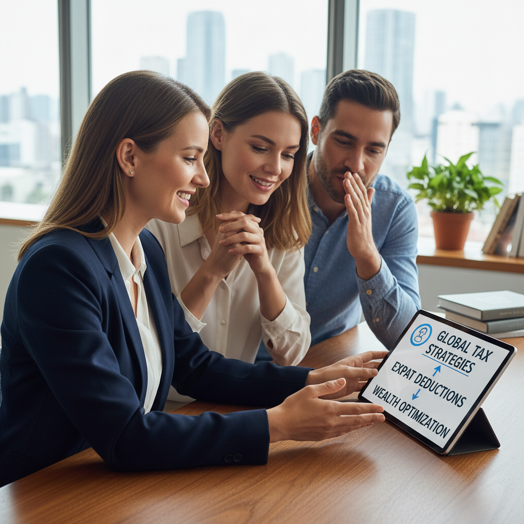 A smiling financial advisor in a professional setting, pointing to a tablet screen displaying simplified tax planning strategies to a relieved-looking expat couple. The image should convey trust and clarity.
