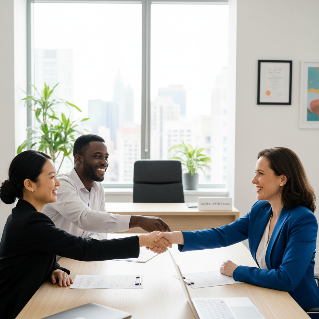 A diverse group of smiling expats shaking hands with a friendly, professional female immigration lawyer in a modern, bright office setting, signifying successful legal consultation and support. The atmosphere is welcoming and optimistic.