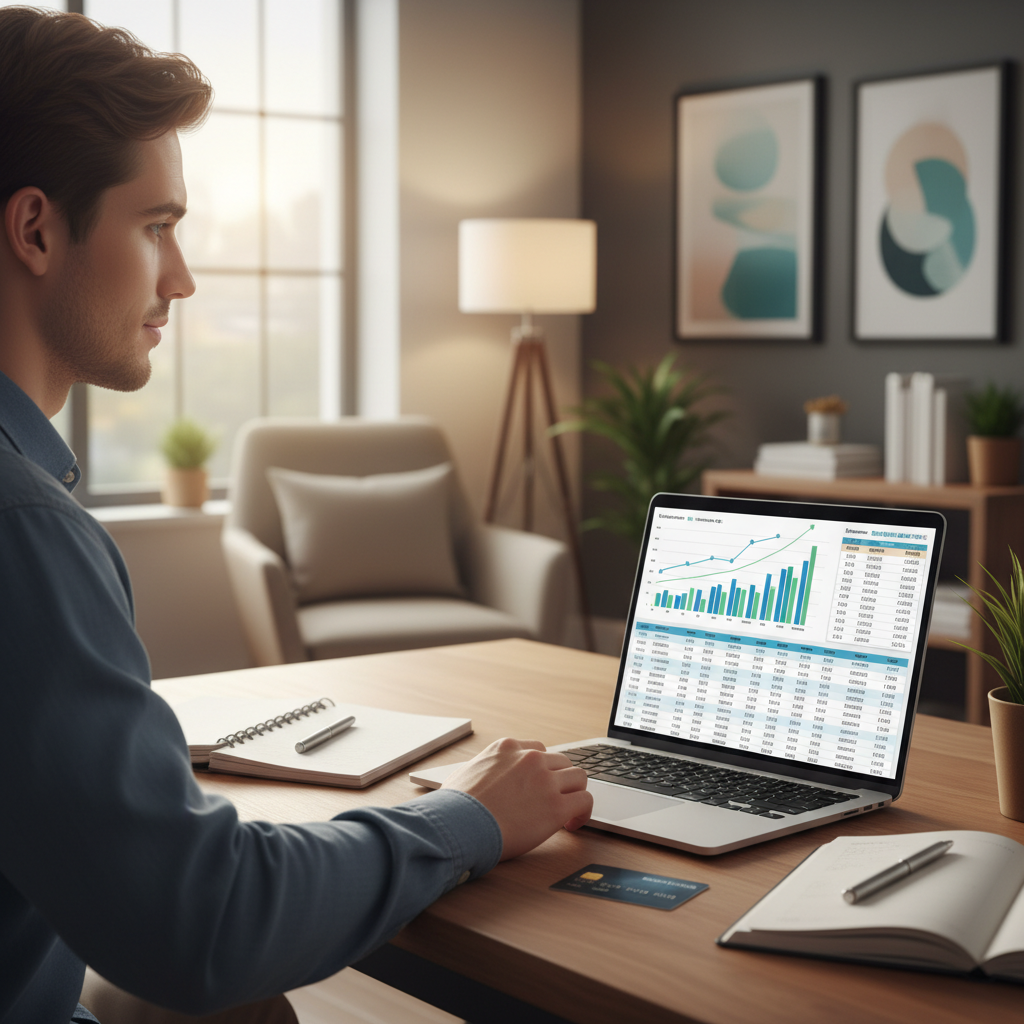A confident young person sitting at a desk, looking at a laptop screen displaying financial charts and a budget spreadsheet, with a credit card subtly placed next to a pen and notebook. The background is a modern home office with warm lighting. Photorealistic style.