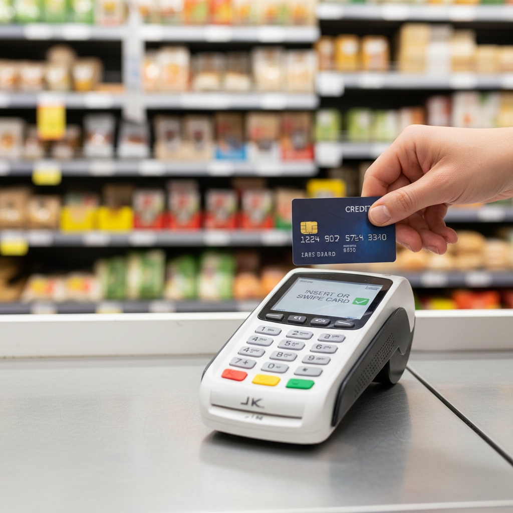 A person's hands holding a credit card, carefully placing it into a digital payment terminal at a grocery store checkout. The background shows blurred shelves with various products, emphasizing a responsible and everyday financial transaction. The scene is brightly lit and clean. Photorealistic style.