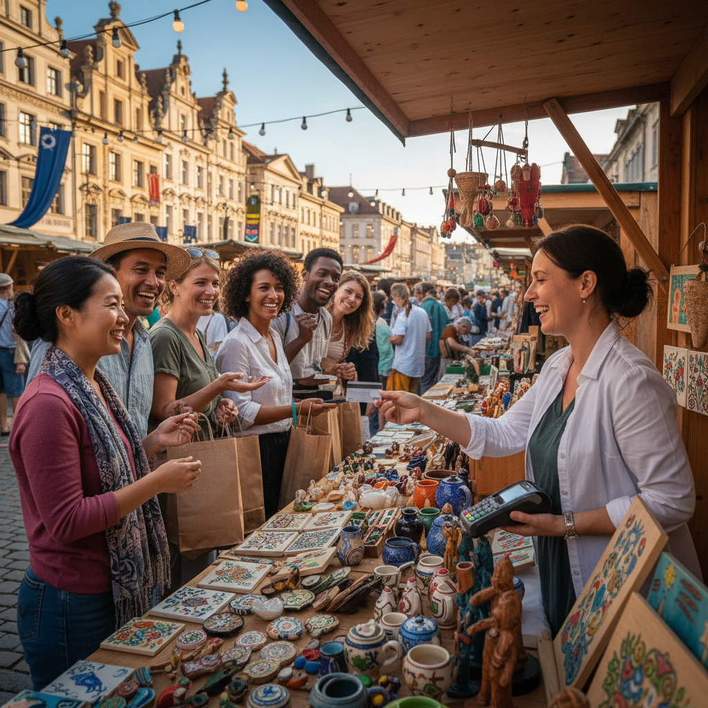 A diverse group of happy tourists using a credit card to pay for local crafts at a bustling open-air market in a vibrant European city. The focus is on the seamless transaction and joy of discovery.