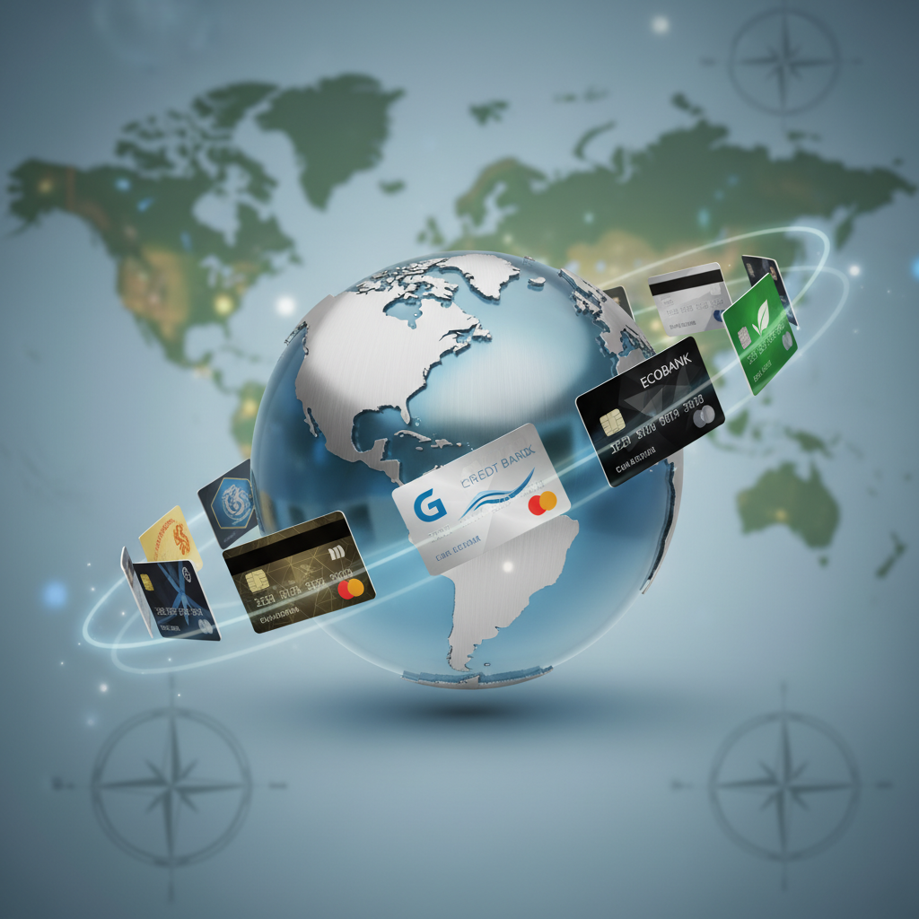 A stylized, clean globe with various credit cards from different banks orbiting it, symbolizing global reach and financial freedom. The background is a soft, blurred world map, emphasizing travel.