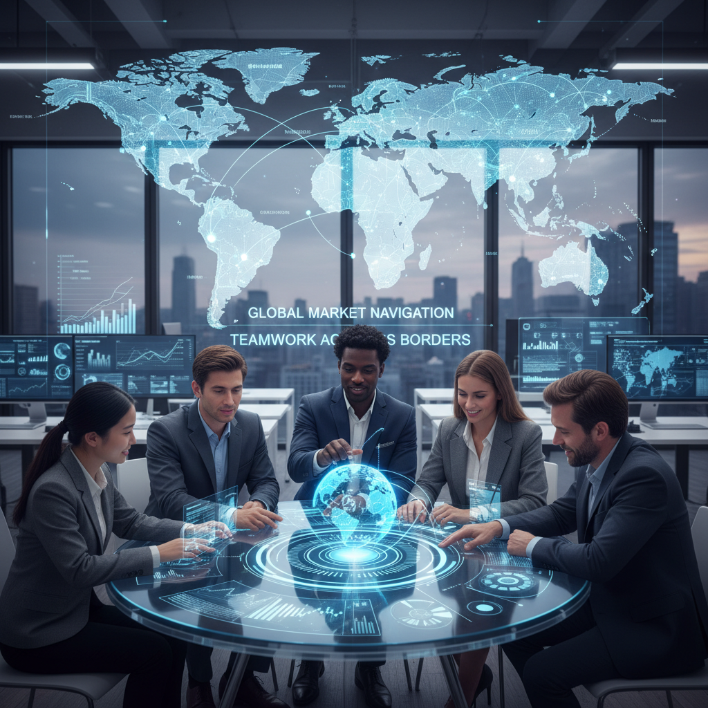 A diverse group of business professionals from different countries collaborating seamlessly on a digital interface, symbolizing global market navigation and teamwork, set against a backdrop of a world map with connected nodes.