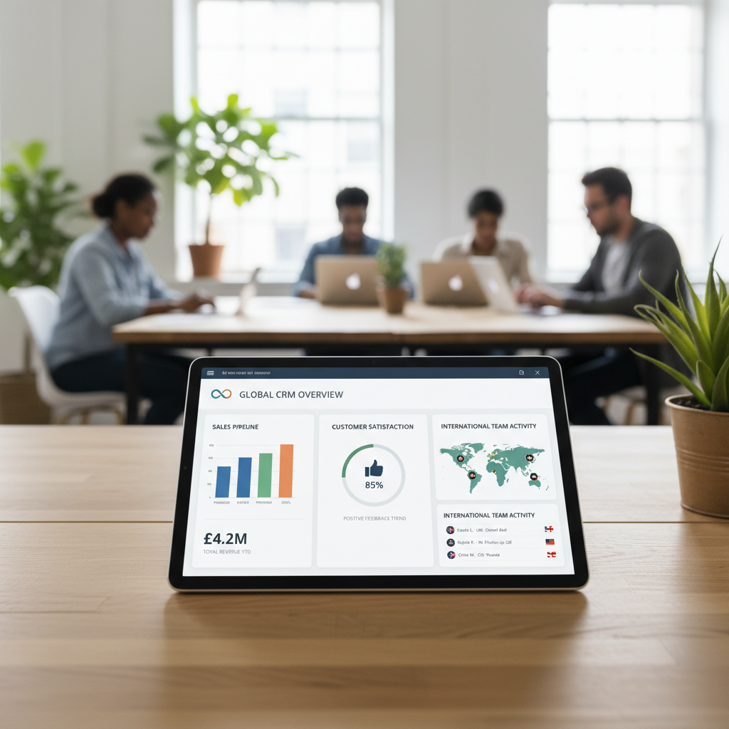 A professional, modern dashboard of a CRM software displaying various metrics like sales pipeline, customer satisfaction, and international team activity, with a focus on ease of use and clean UI, on a tablet screen in a co-working space.