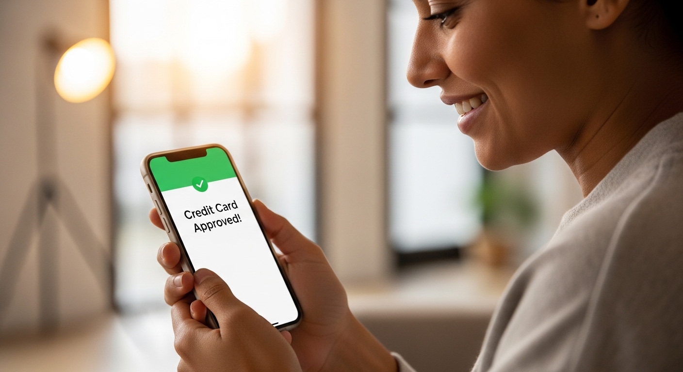 A person with a friendly smile, looking at a smartphone screen that displays a 'Credit Card Approved!' notification, with a blurry, modern office or living room background, realistic and well-lit.