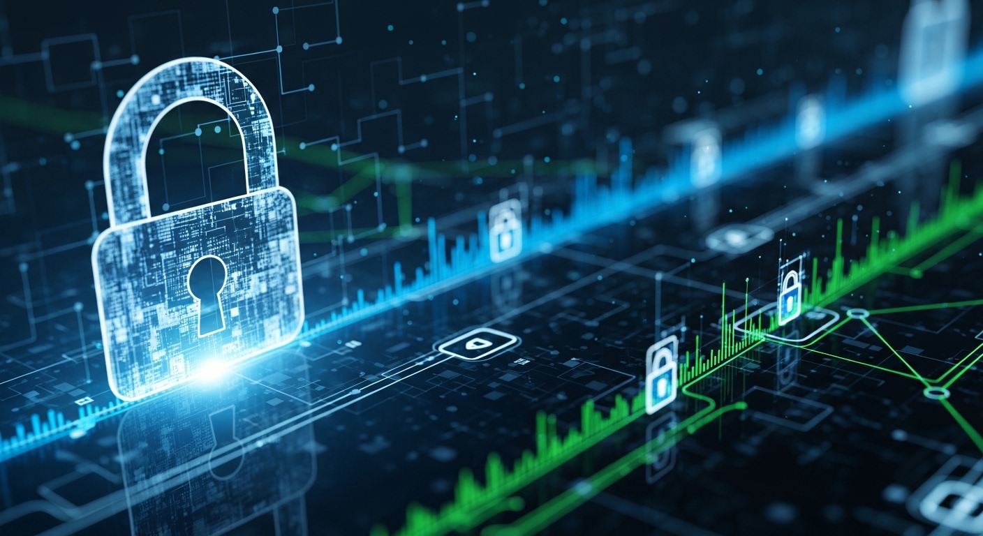 A stylized representation of secure data flow through digital networks, with glowing lines connecting various points, overlaid with a prominent, glowing padlock icon in the foreground, indicating security and protection, high-tech and photorealistic.