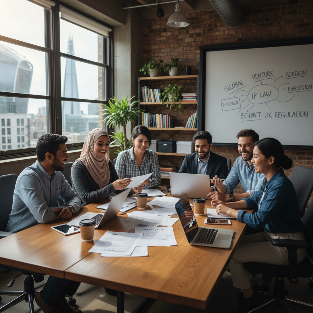 A diverse group of expat entrepreneurs happily reviewing legal documents and smiling while brainstorming in a modern, brightly lit co-working space in London, UK. They are sitting around a table with laptops and coffee cups, demonstrating collaboration and legal compliance.