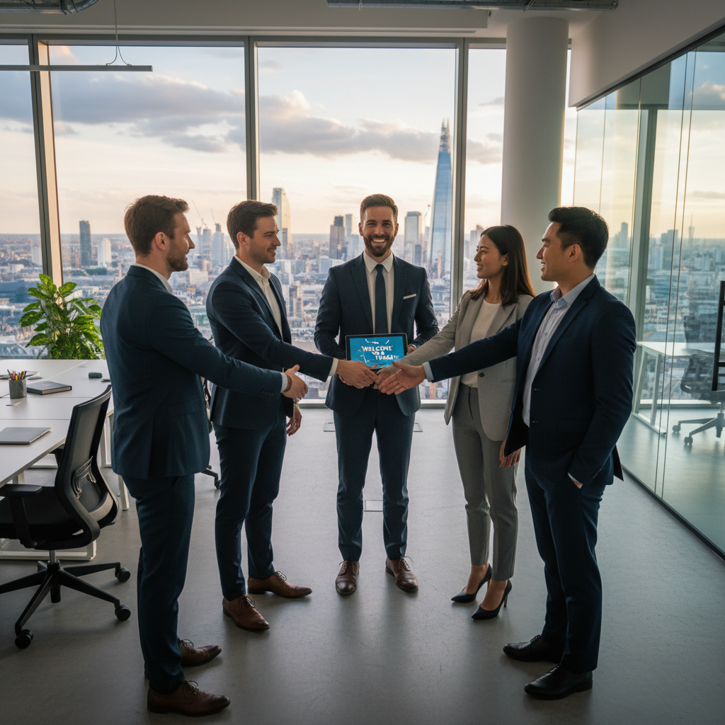 A professional, diverse team of business individuals shaking hands with a smiling expat entrepreneur in a bright, modern office setting, symbolizing successful hiring and team building. The background shows a panoramic view of a vibrant UK city skyline.