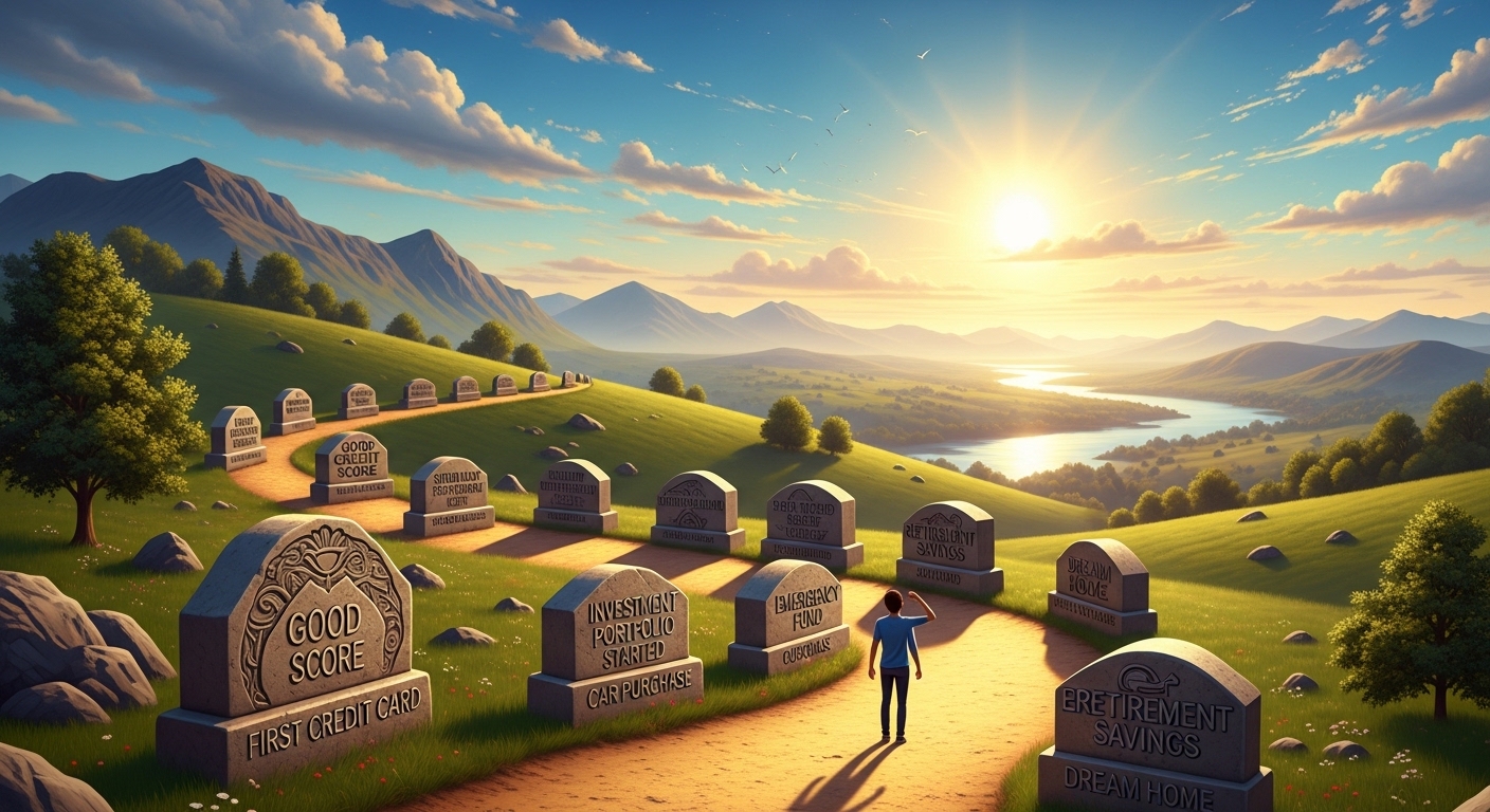 A vibrant, detailed, photorealistic illustration of a winding path representing a financial journey, with milestones like 