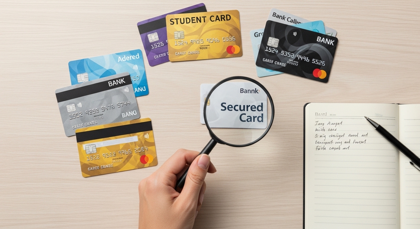 A photorealistic flat lay image showing a selection of different credit cards on a clean desk, some labeled 'Secured Card', 'Student Card', and a hand holding a magnifying glass over one. There's also a small notebook and pen, suggesting research and decision-making.