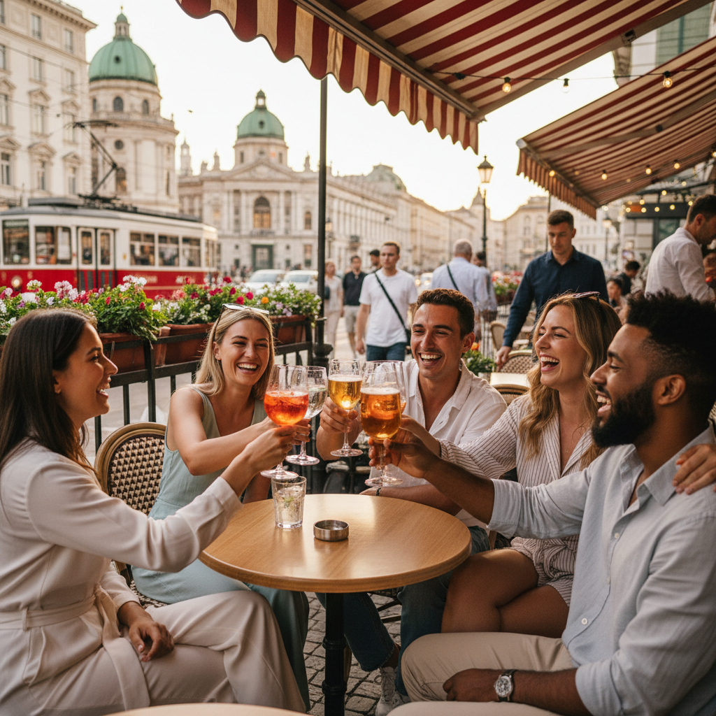 A diverse group of friends happily toasting with drinks in an outdoor cafe in a bustling European city, with historic architecture in the background. The mood is joyful and relaxed, capturing the essence of hassle-free travel.