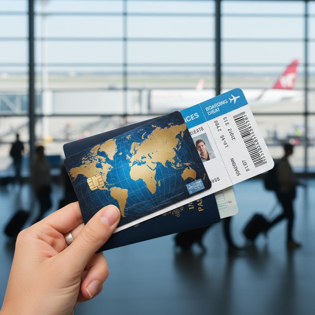A close-up shot of a credit card with a world map design, held by a hand over a passport and a boarding pass. The background shows a blurry airport terminal, conveying a sense of readiness for international travel.