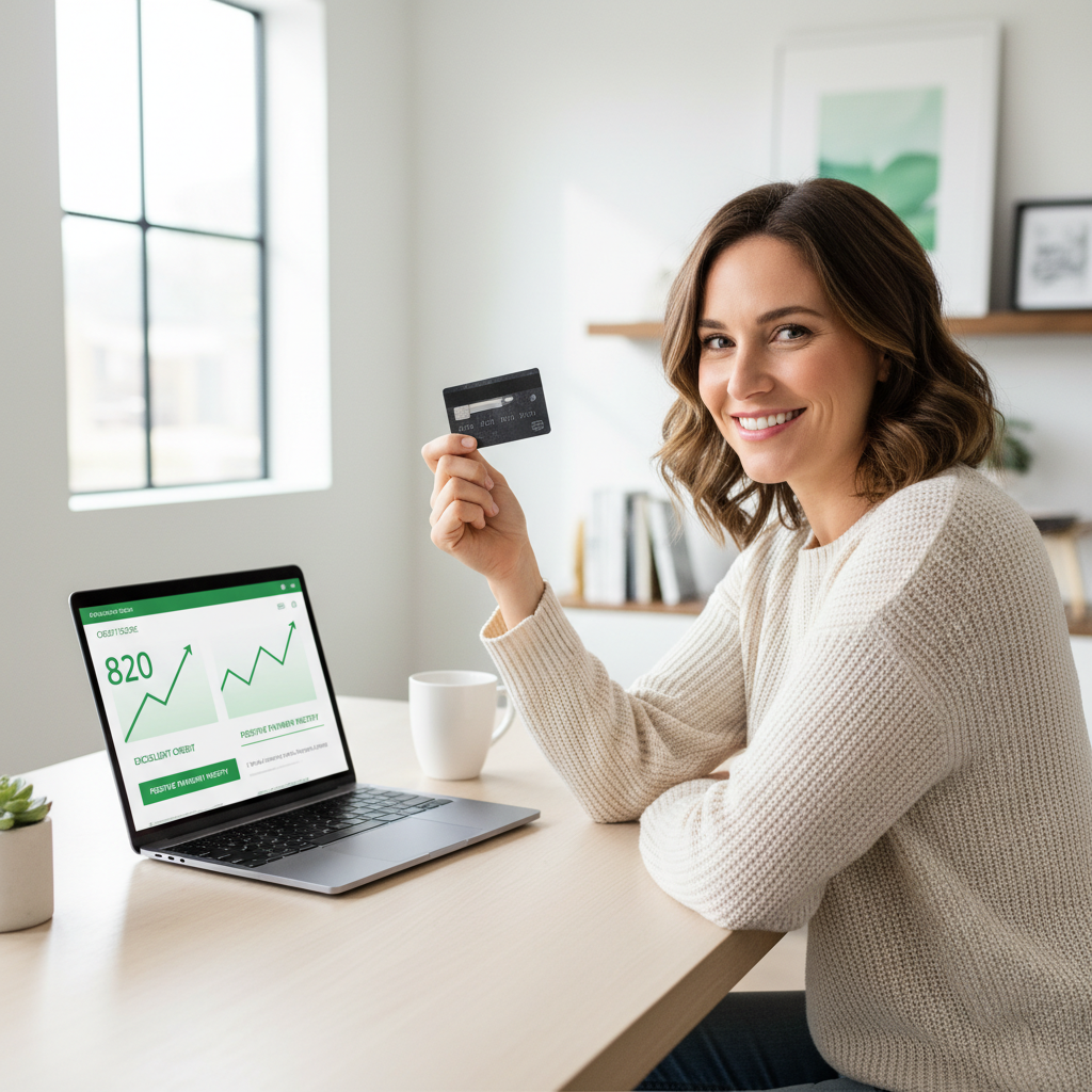 A person smiling confidently while holding a credit card, looking at a laptop screen displaying a good credit score report with green graphs and positive indicators. The background is a modern, light-filled home office with minimalist decor.