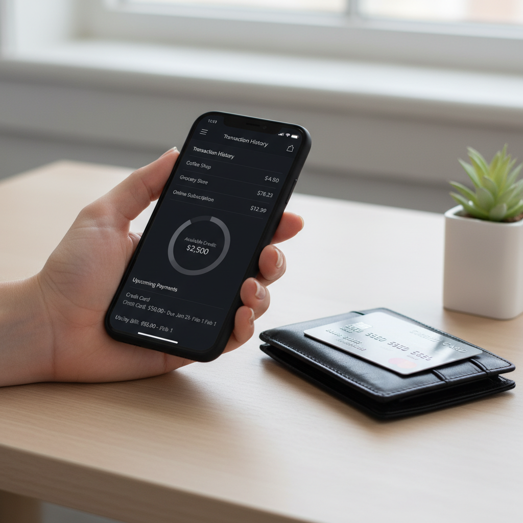 A person's hand holding a smartphone, actively using a banking app with a clear display of transaction history, available credit, and payment due dates. A wallet with a credit card is neatly placed on a minimalist wooden desk next to the phone, along with a small potted plant, suggesting financial organization.