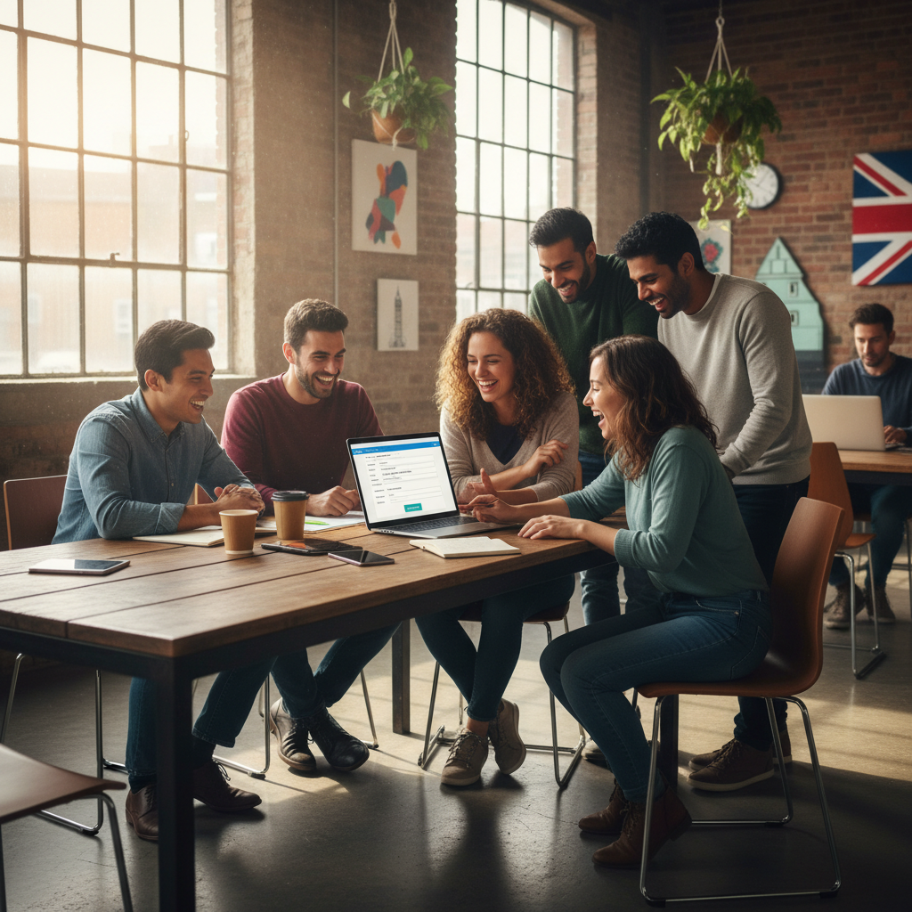 A diverse group of expat entrepreneurs happily collaborating in a modern co-working space in London, looking at a laptop with a funding application form. The atmosphere is vibrant and optimistic, with natural light streaming in.