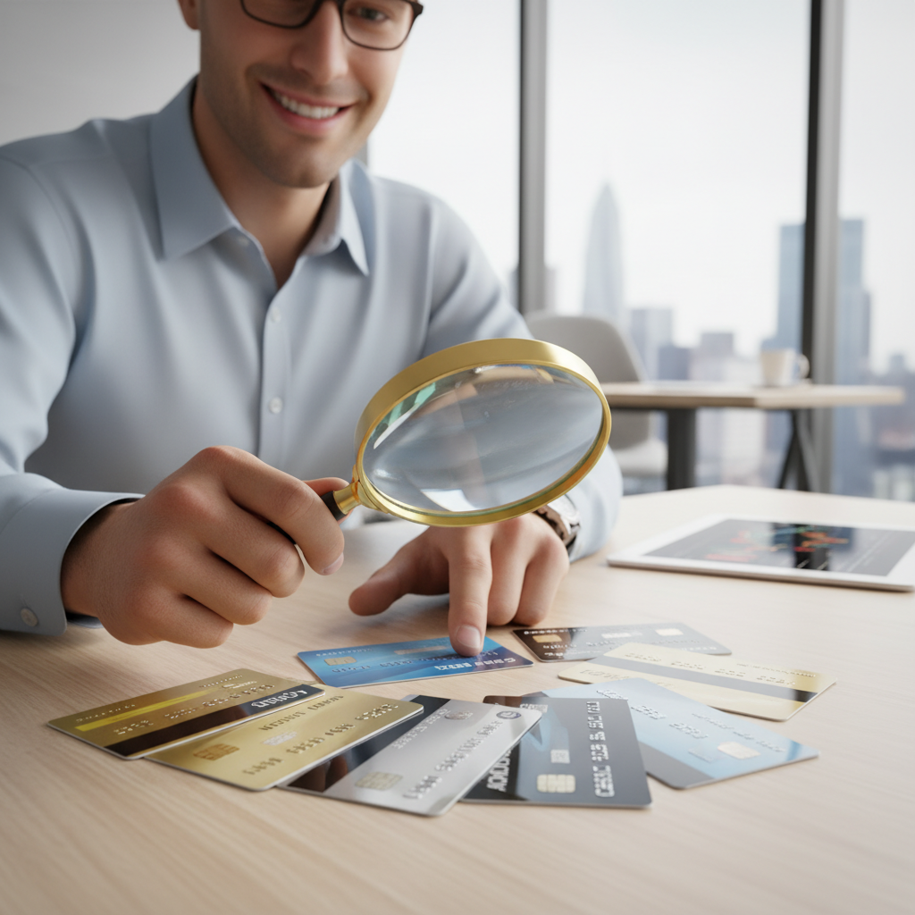A person with a confident smile, holding a magnifying glass over various credit cards displayed on a table, symbolizing the act of choosing the best option. The background is bright and modern, suggesting financial well-being.