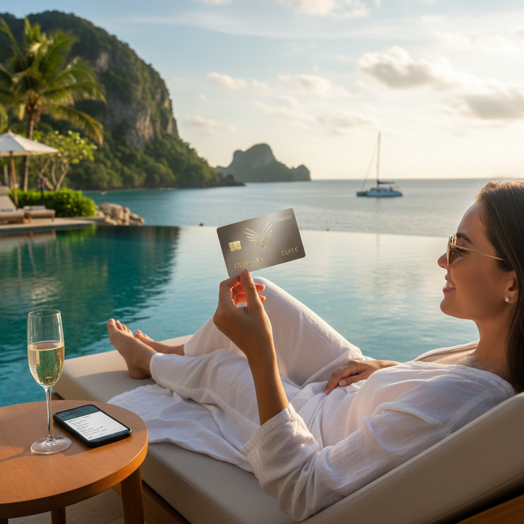 A person enjoying a luxurious vacation, perhaps relaxing by a pool at a resort or looking out at a stunning landscape, holding a premium credit card, symbolizing the travel rewards and benefits of a good credit score.