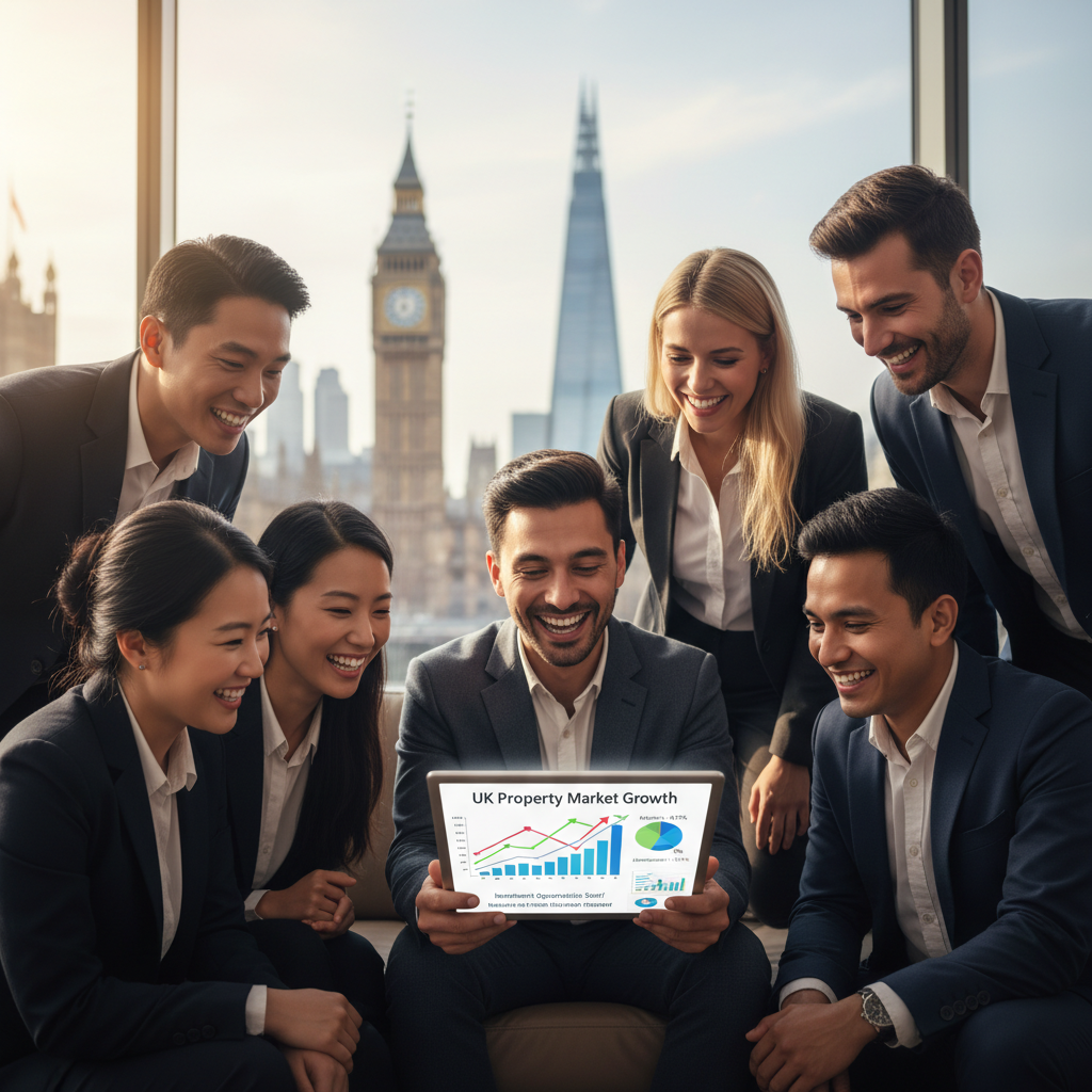 A diverse group of expats smiling and looking at a digital tablet displaying charts of UK property market growth, set against a blurred background of iconic London architecture like Big Ben and The Shard. The lighting is bright and optimistic.