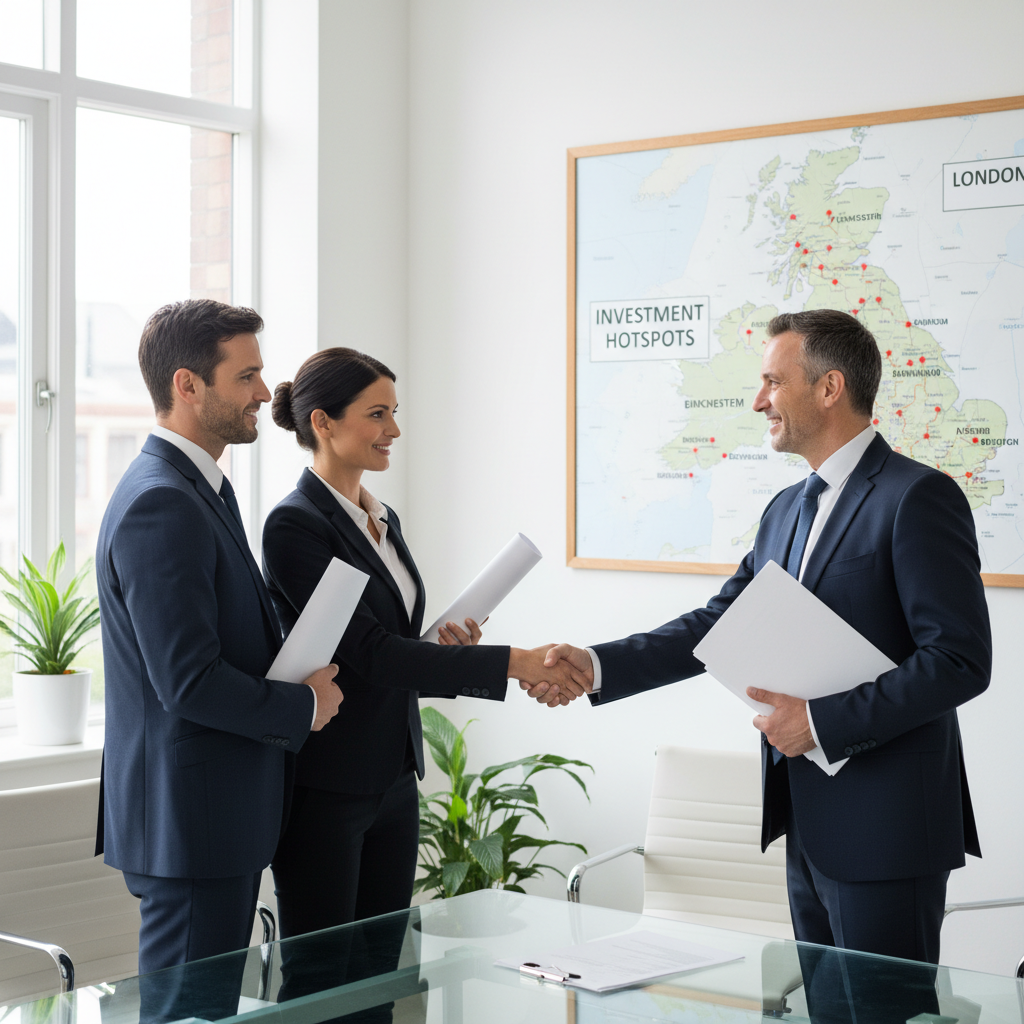 A professional expat couple shaking hands with a friendly real estate agent in a modern, well-lit office, with a map of the UK showing various investment hotspots pinned on a corkboard in the background. They are holding documents and looking confident.
