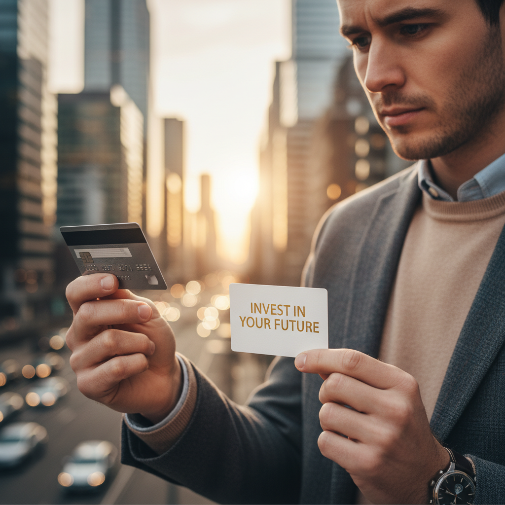 A person with a thoughtful expression, holding a credit card in one hand and a small, inspiring quote card in the other. The background is a blurred cityscape, suggesting ambition and financial possibilities. The lighting is warm and encouraging, photorealistic.