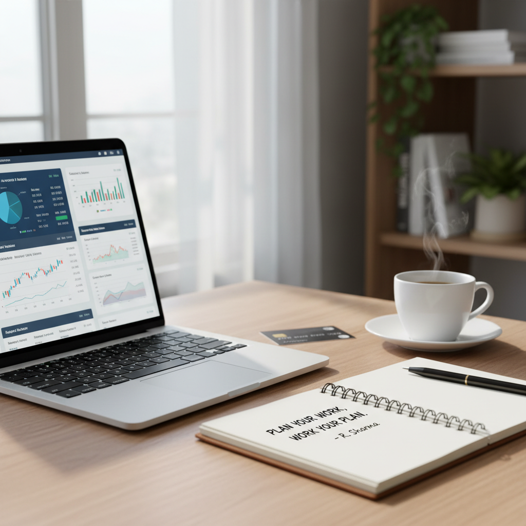 A brightly lit desk with a laptop displaying a financial dashboard, a credit card neatly placed next to a small notebook with an inspiring financial quote handwritten on it, and a cup of coffee. The overall scene conveys productivity and thoughtful planning, photorealistic with soft focus.